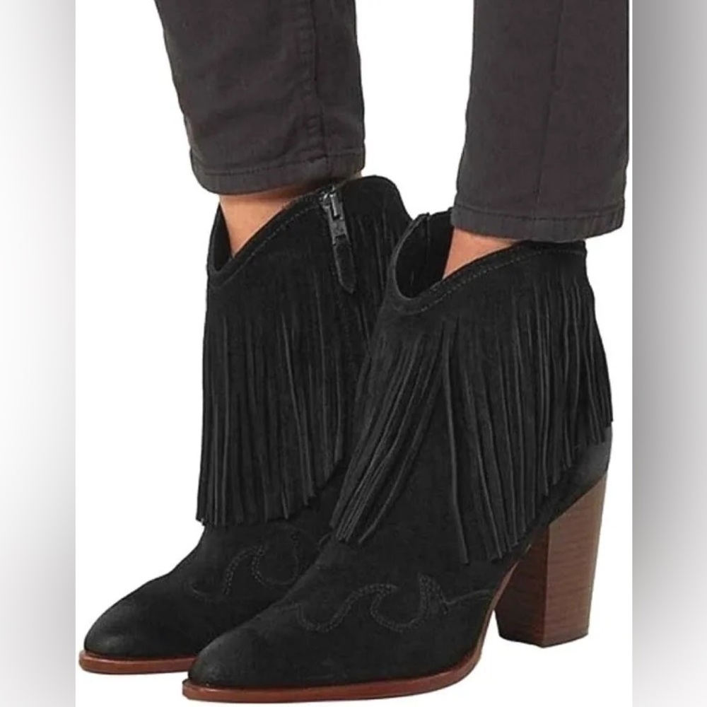 Sam Edelman Benjie Suede Fringe Ankle Boots Sz 9 Black Western Cowgirl Ranch